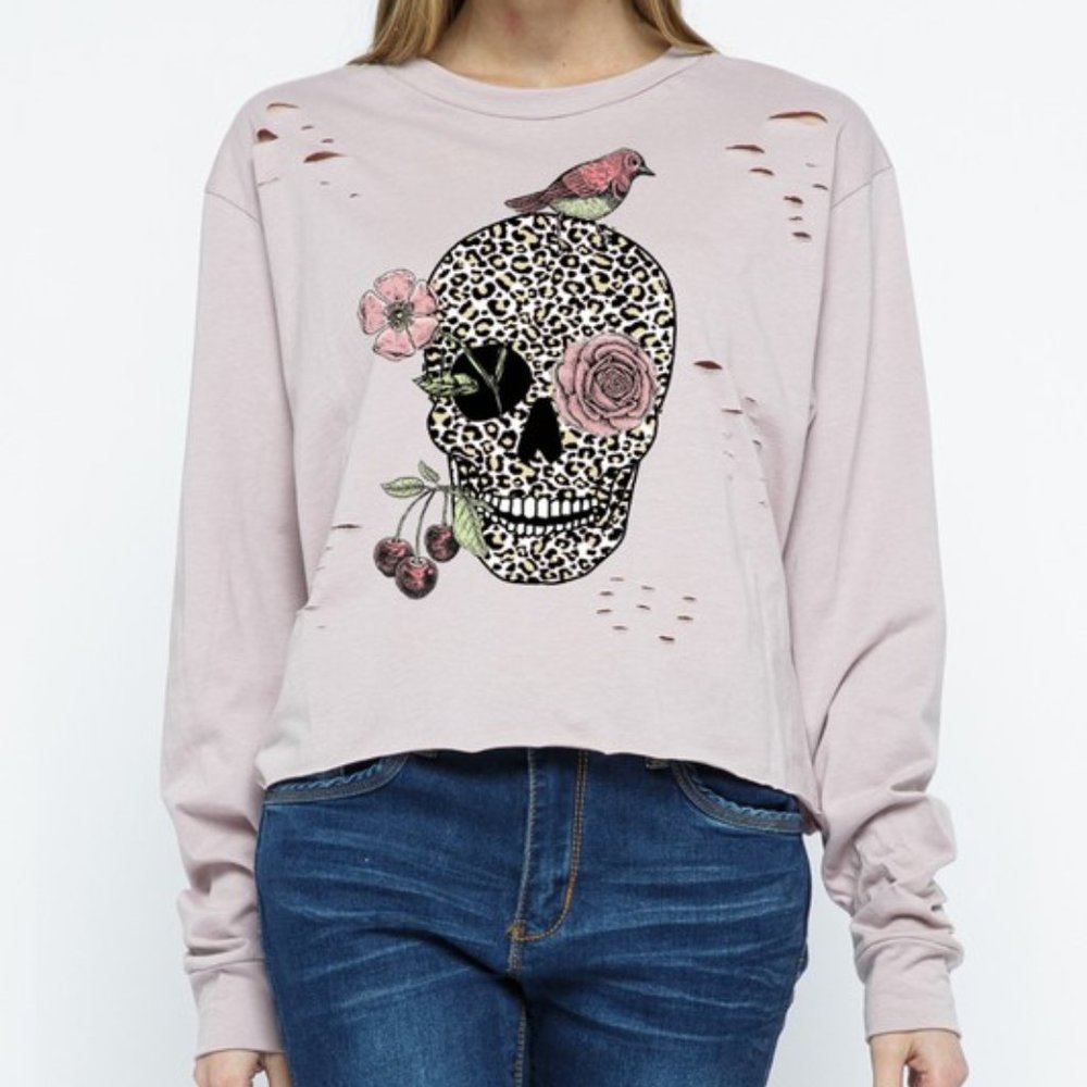 NEW long sleeve skull bird rosettes cherries print distressed top